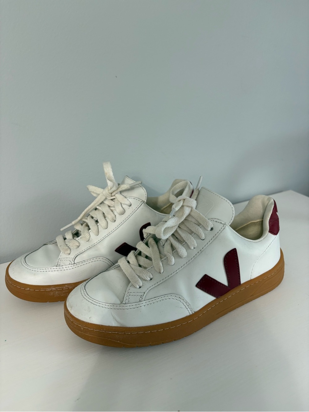 Veja V-12 White Marsala Burgundy Leather Gum Sole Sneakers 36 5 Minimalist Retro